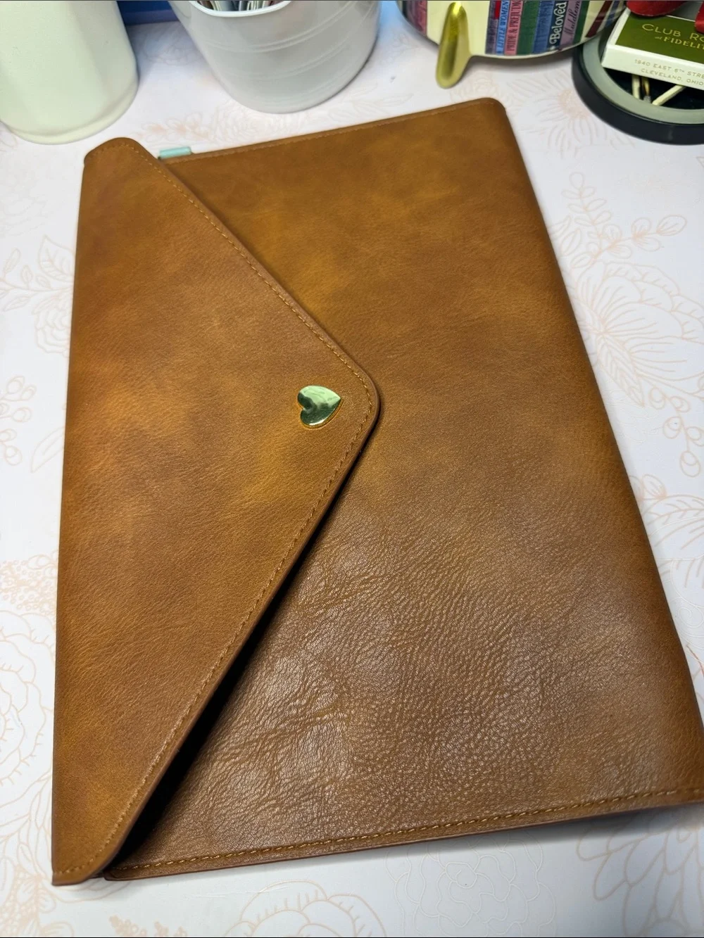 Simply Gilded Tan Faux Leather Tablet Portfolio with Gold Heart Accent